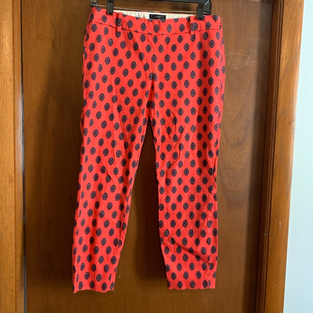 J. Crew Vibrant Red Cropped Pants with Navy Pattern